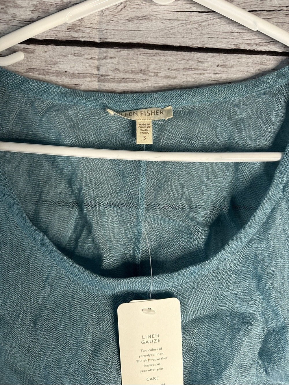 EILEEN FISHER Bayberry Blue Linen Gauze Scoop Neck Long Top Size Small - Picture 2 of 5
